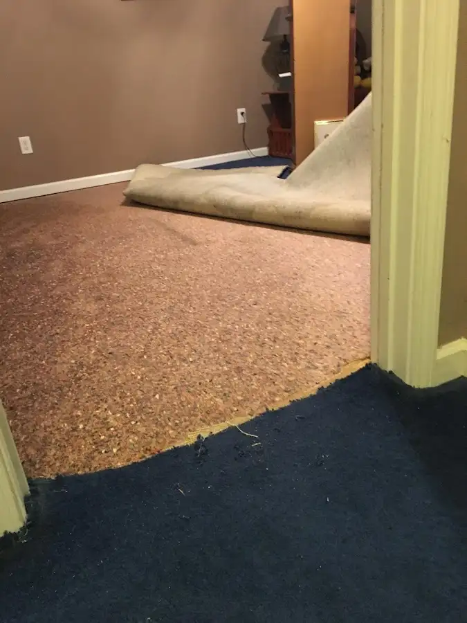 Carpet pad removal revealing water damage during Water Mitigation Services in Air Force Academy